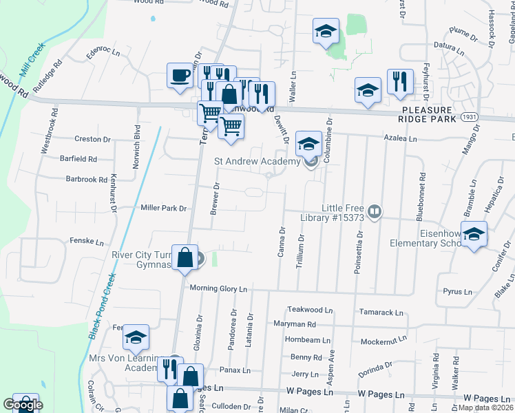 map of restaurants, bars, coffee shops, grocery stores, and more near 6105 Casper Drive in Louisville
