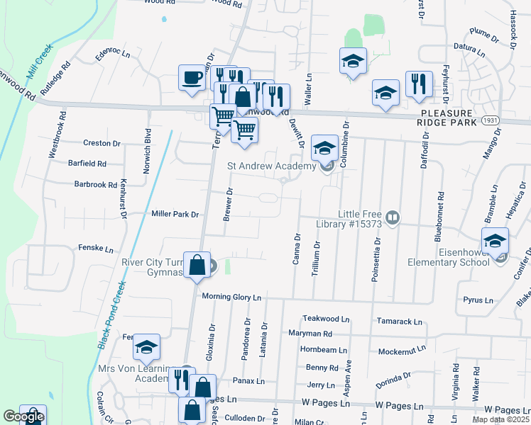 map of restaurants, bars, coffee shops, grocery stores, and more near 6111 Casper Drive in Louisville