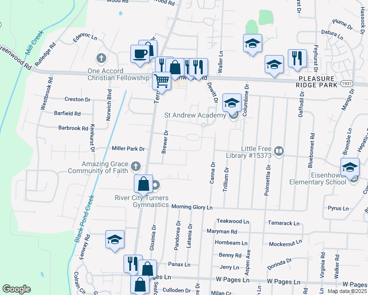 map of restaurants, bars, coffee shops, grocery stores, and more near 6121 Casper Drive in Louisville