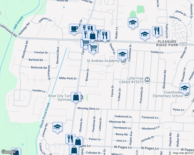 map of restaurants, bars, coffee shops, grocery stores, and more near 6125 Casper Drive in Louisville