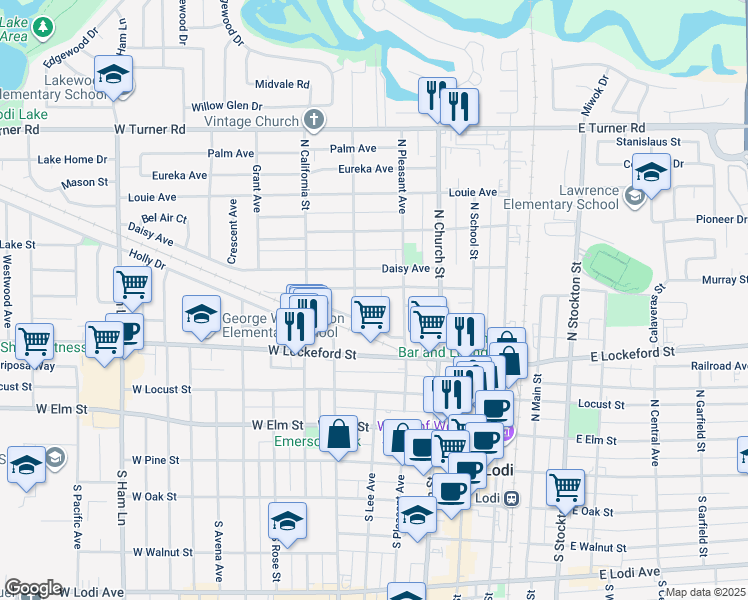 map of restaurants, bars, coffee shops, grocery stores, and more near 419 Matthew Plaza in Lodi