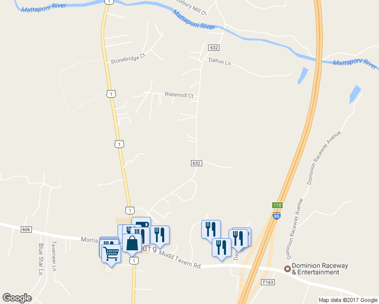 map of restaurants, bars, coffee shops, grocery stores, and more near 6612 South Roxbury Mill Road in Spotsylvania