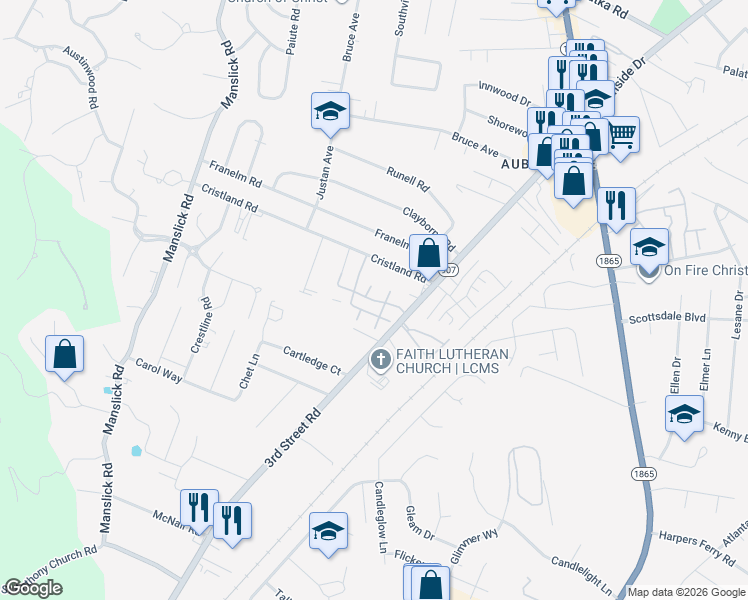 map of restaurants, bars, coffee shops, grocery stores, and more near 1102 Royal Gardens Court in Louisville