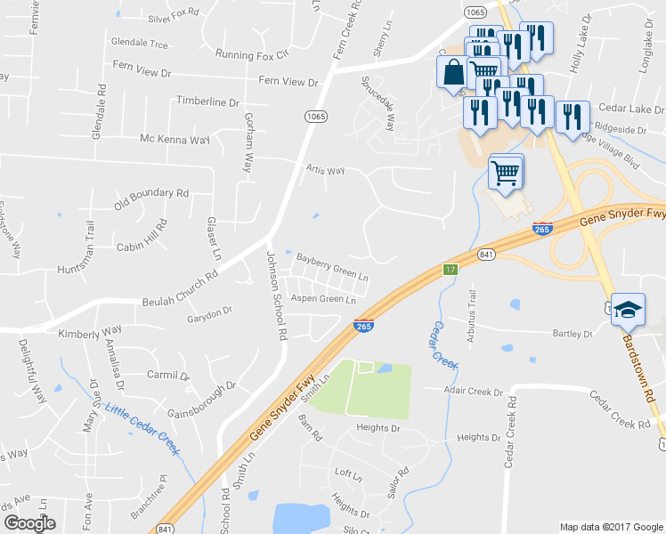 map of restaurants, bars, coffee shops, grocery stores, and more near Bayberry Green Lane in Louisville