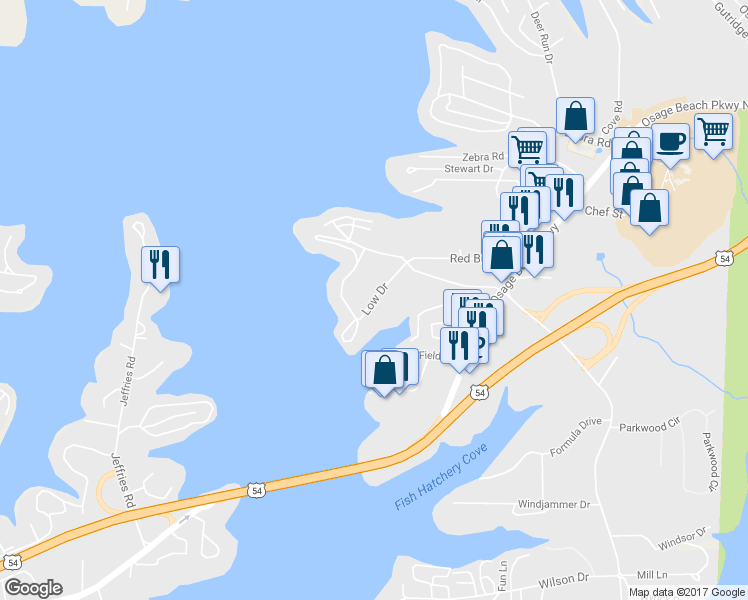map of restaurants, bars, coffee shops, grocery stores, and more near 4924 Low Drive in Osage Beach