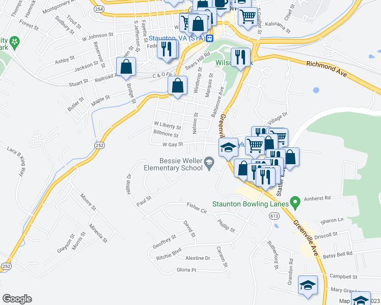 map of restaurants, bars, coffee shops, grocery stores, and more near 1017 Ames Street in Staunton