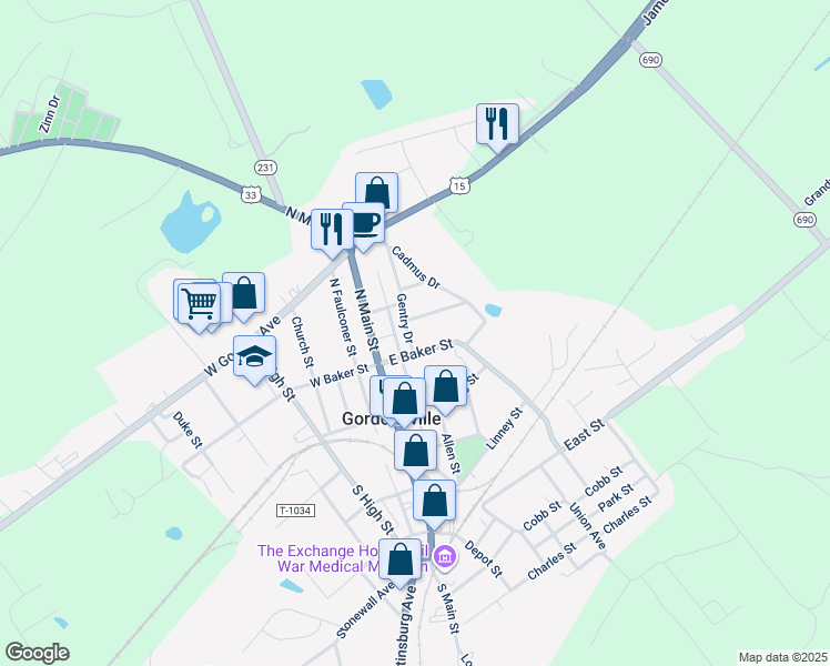 map of restaurants, bars, coffee shops, grocery stores, and more near 404 Gentry Drive in Gordonsville