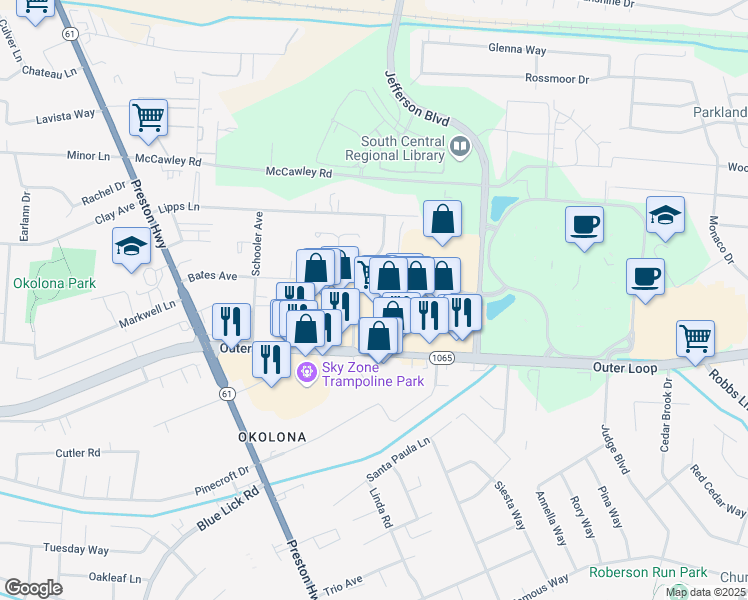 map of restaurants, bars, coffee shops, grocery stores, and more near 4501 Outer Loop in Louisville