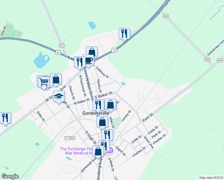 map of restaurants, bars, coffee shops, grocery stores, and more near 310 East Baker Street in Gordonsville