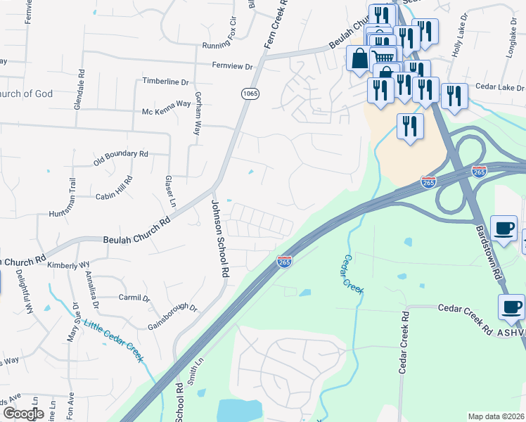 map of restaurants, bars, coffee shops, grocery stores, and more near 9518 Bayberry Green Lane in Louisville