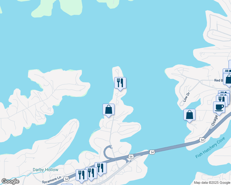 map of restaurants, bars, coffee shops, grocery stores, and more near 1255 Jeffries Road in Osage Beach
