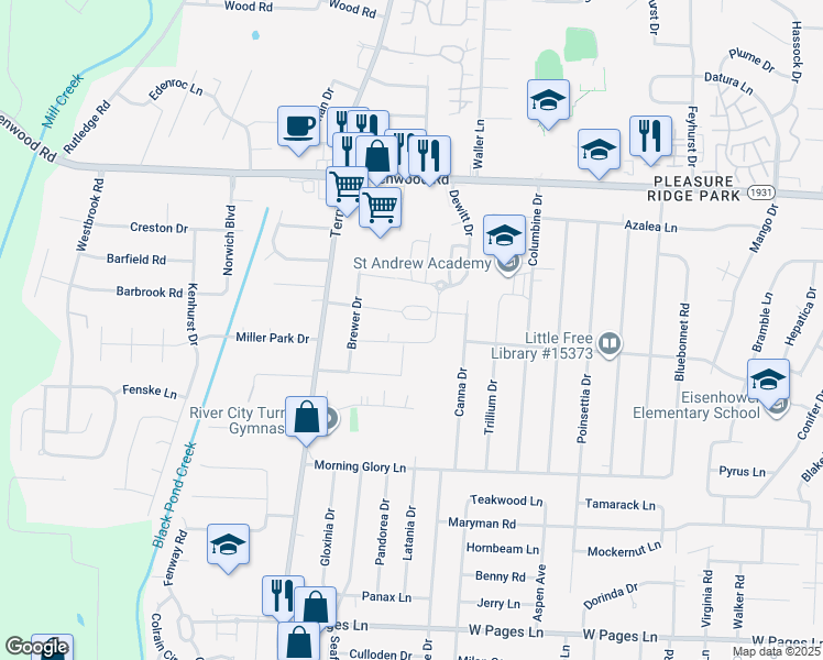 map of restaurants, bars, coffee shops, grocery stores, and more near 6110 Goalby Drive in Louisville