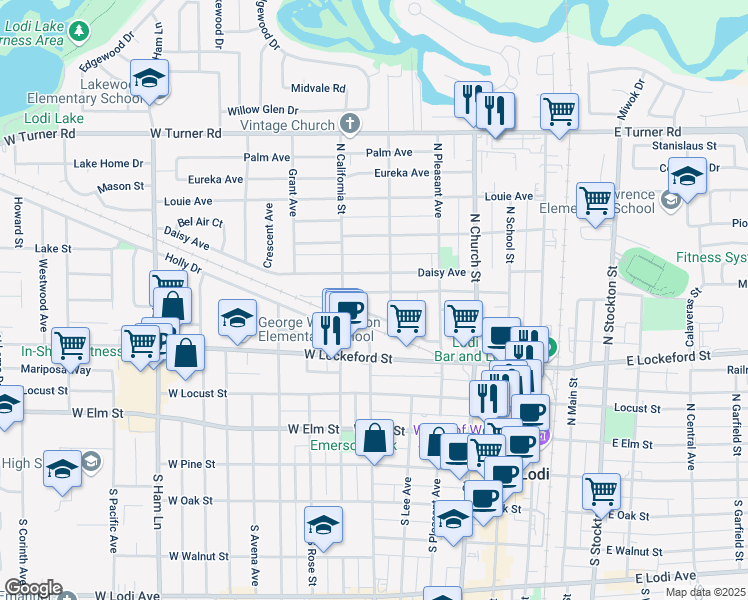 map of restaurants, bars, coffee shops, grocery stores, and more near 421 Olive Court in Lodi