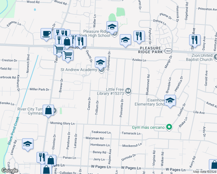 map of restaurants, bars, coffee shops, grocery stores, and more near 7803 Columbine Drive in Louisville
