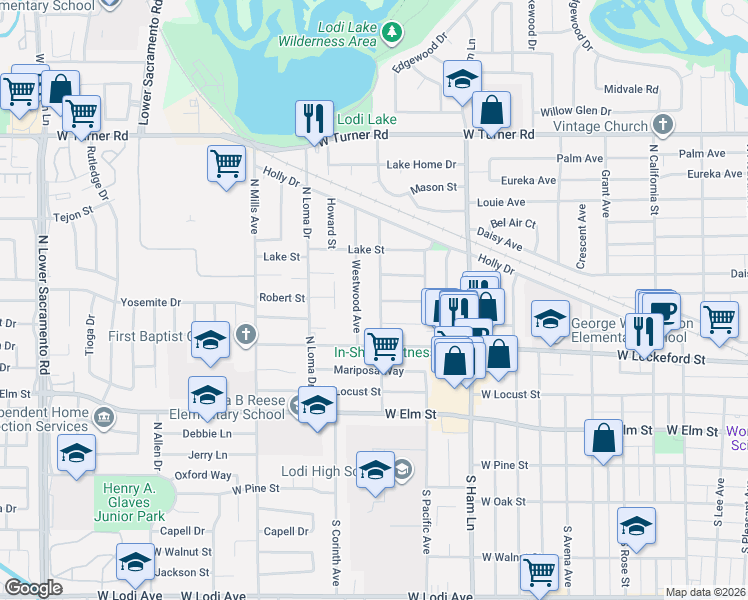 map of restaurants, bars, coffee shops, grocery stores, and more near 501 Cross Street in Lodi