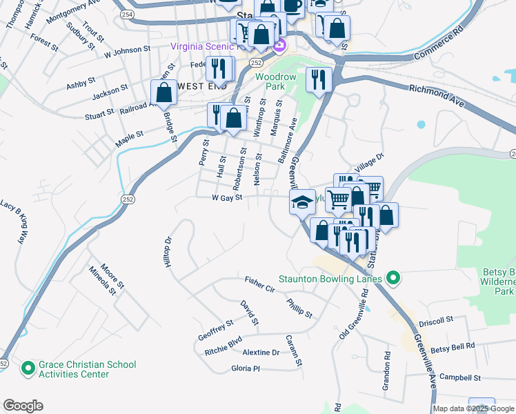 map of restaurants, bars, coffee shops, grocery stores, and more near 1230 Nelson Street in Staunton