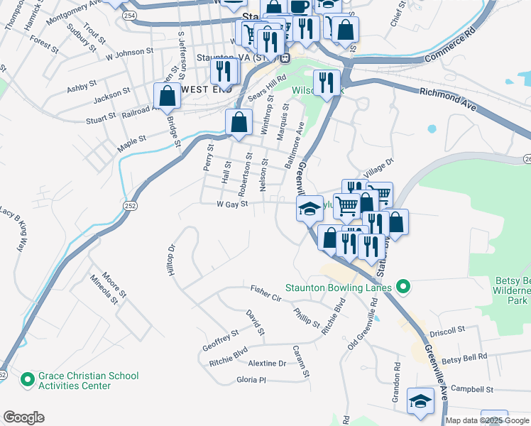 map of restaurants, bars, coffee shops, grocery stores, and more near 1230 Nelson Street in Staunton