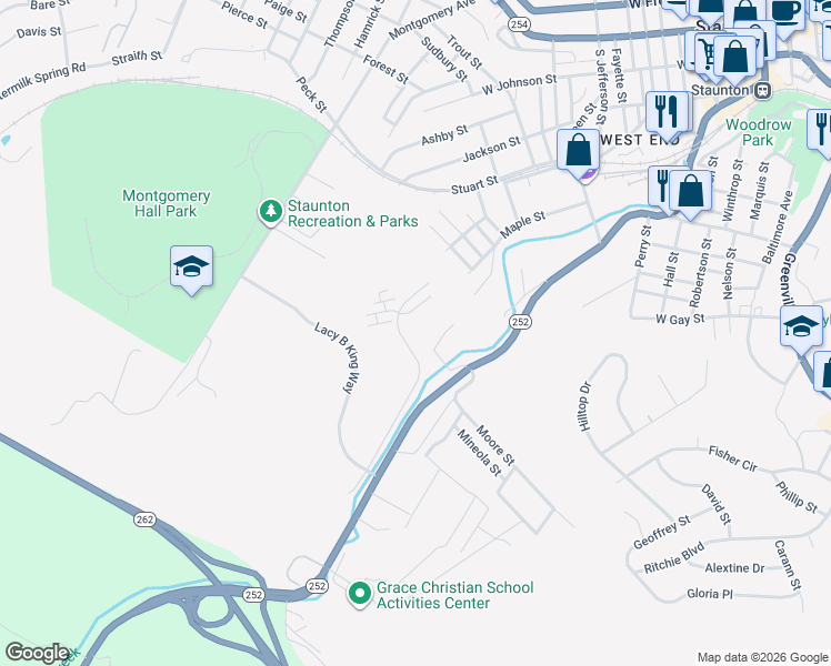 map of restaurants, bars, coffee shops, grocery stores, and more near 1008 Seth Drive in Staunton