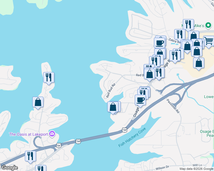 map of restaurants, bars, coffee shops, grocery stores, and more near 4897 Bridgepointe Drive in Osage Beach