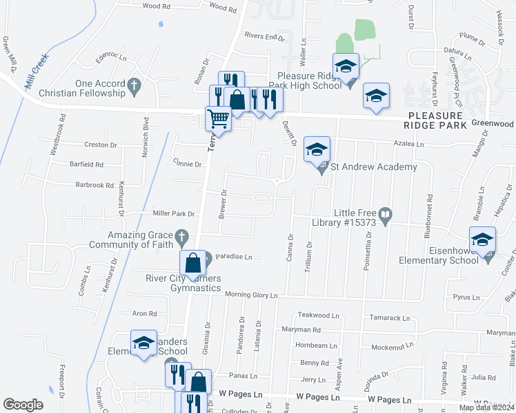 map of restaurants, bars, coffee shops, grocery stores, and more near 6114 Goalby Drive in Louisville