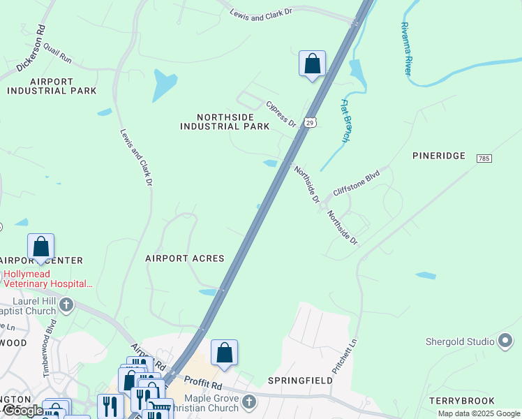 map of restaurants, bars, coffee shops, grocery stores, and more near Seminole Trail in Charlottesville