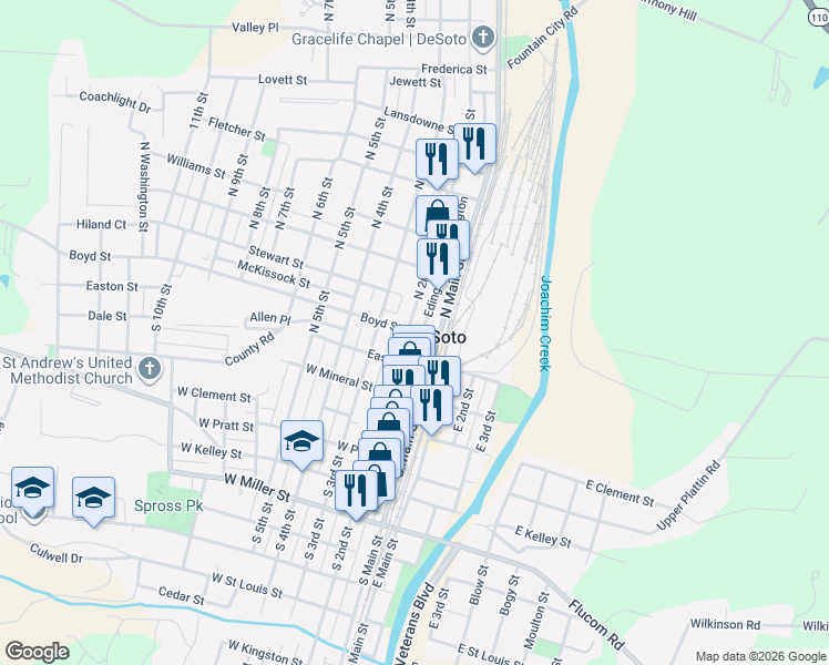 map of restaurants, bars, coffee shops, grocery stores, and more near 120 Boyd Street in De Soto