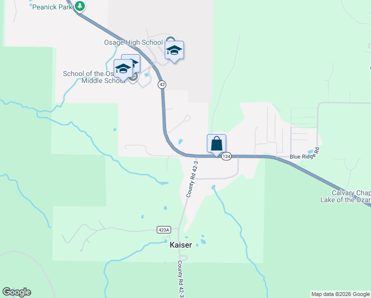 map of restaurants, bars, coffee shops, grocery stores, and more near 446 Missouri 42 in Osage Beach
