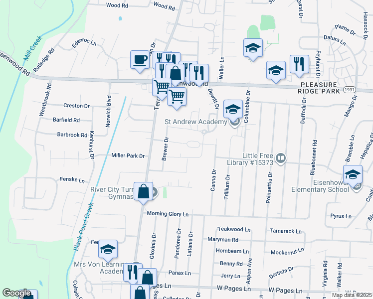 map of restaurants, bars, coffee shops, grocery stores, and more near 6120 Goalby Drive in Louisville