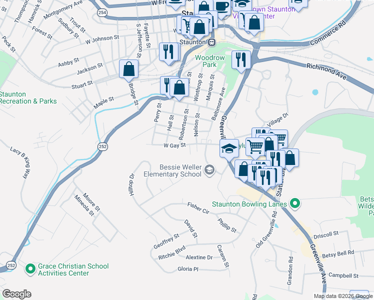 map of restaurants, bars, coffee shops, grocery stores, and more near 1004 Nelson Street in Staunton