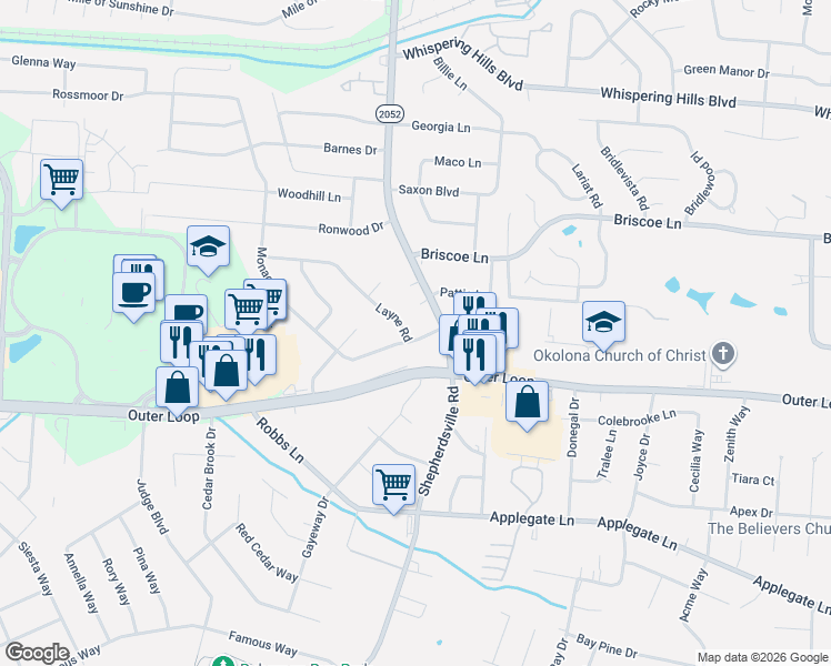 map of restaurants, bars, coffee shops, grocery stores, and more near 5419 Layne Road in Louisville
