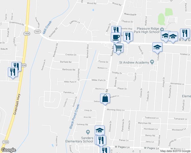 map of restaurants, bars, coffee shops, grocery stores, and more near 8002 Green Park Court in Louisville