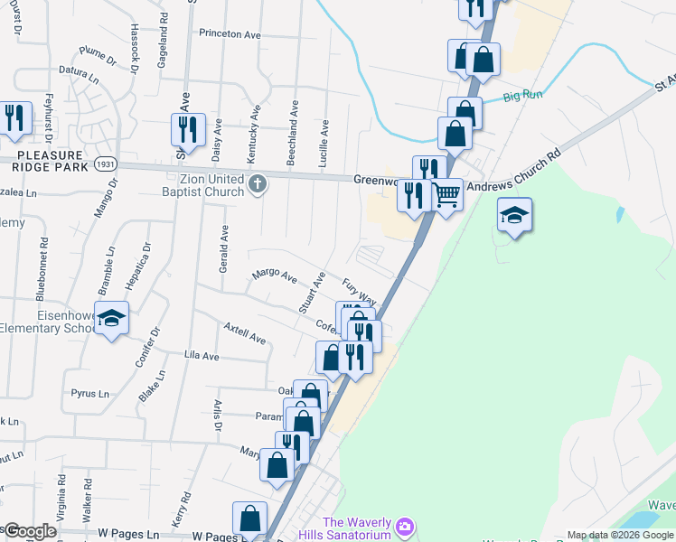 map of restaurants, bars, coffee shops, grocery stores, and more near 8000 Stuart Avenue in Louisville