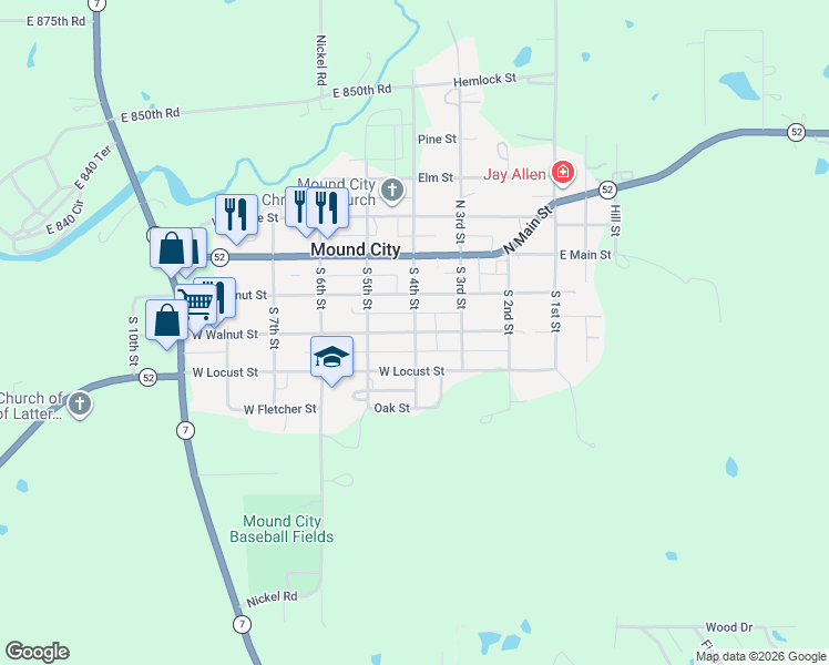 map of restaurants, bars, coffee shops, grocery stores, and more near South 4th Street in Mound City