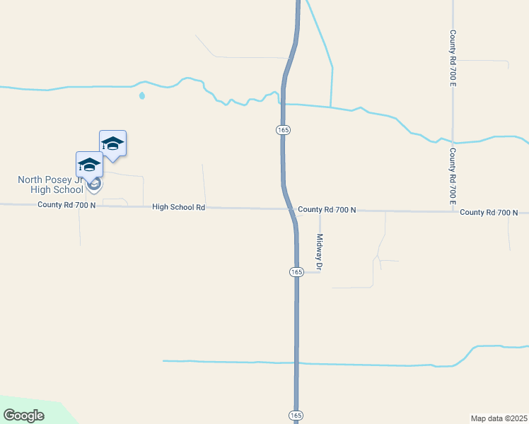 map of restaurants, bars, coffee shops, grocery stores, and more near 6401 County Road 700 North in Poseyville