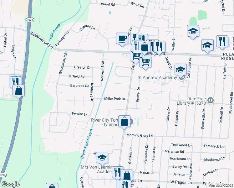map of restaurants, bars, coffee shops, grocery stores, and more near 8002 Green Park Court in Louisville