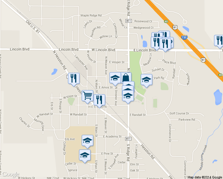 map of restaurants, bars, coffee shops, grocery stores, and more near 209 East Amos Street in Hesston