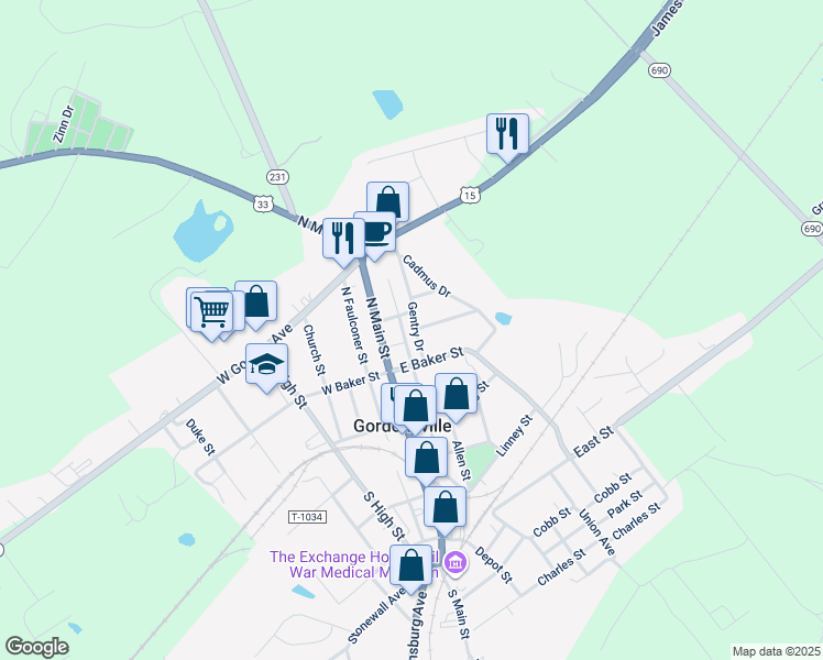 map of restaurants, bars, coffee shops, grocery stores, and more near 413 Gentry Drive in Gordonsville