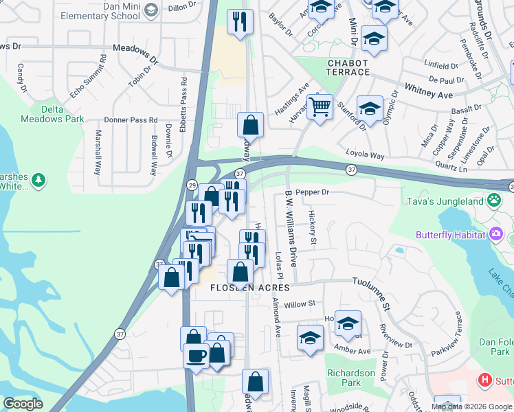 map of restaurants, bars, coffee shops, grocery stores, and more near 1988 Broadway in Vallejo