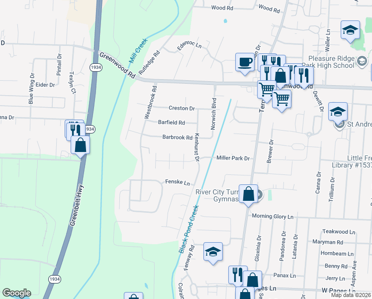 map of restaurants, bars, coffee shops, grocery stores, and more near 7712 Kenhurst Drive in Louisville
