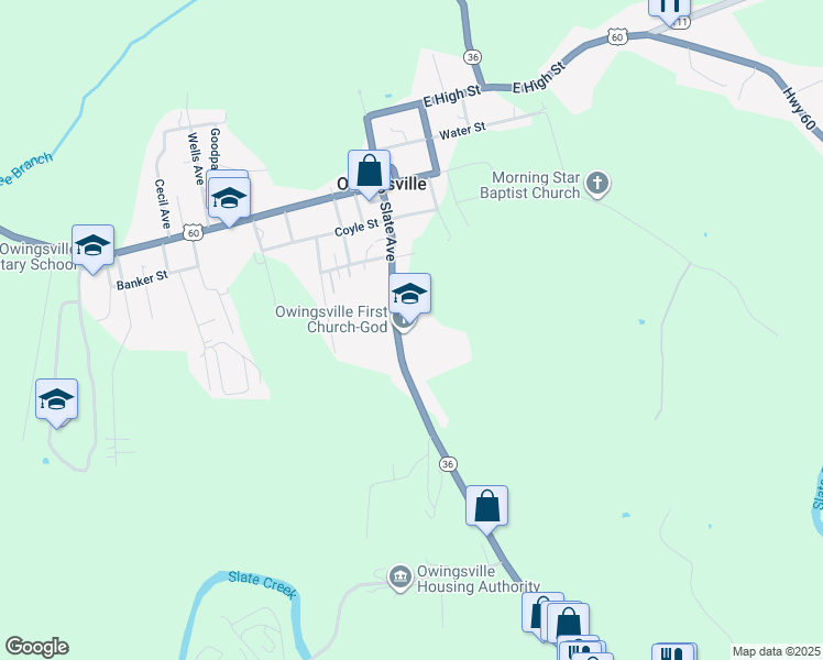 map of restaurants, bars, coffee shops, grocery stores, and more near 320 Slate Avenue in Owingsville