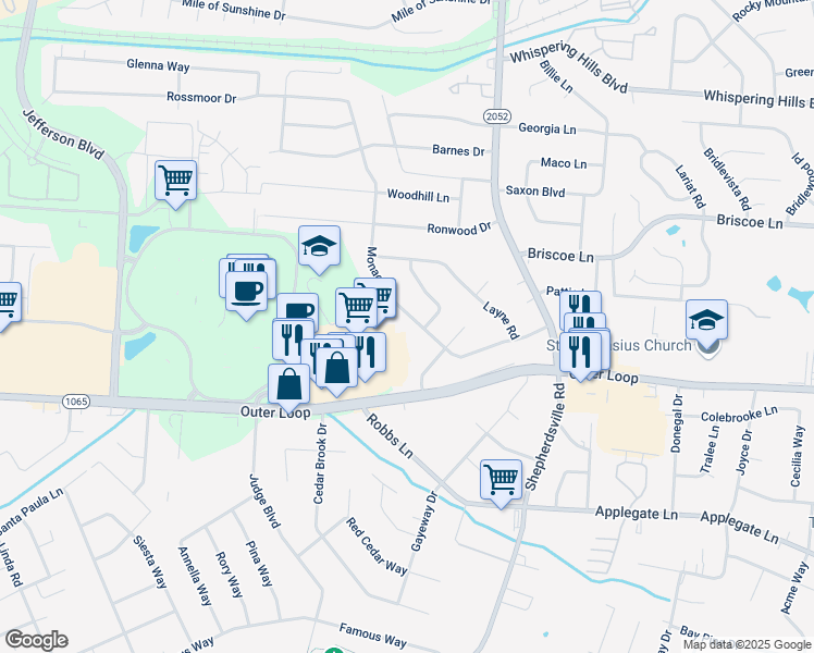 map of restaurants, bars, coffee shops, grocery stores, and more near 5212 Monaco Drive in Louisville