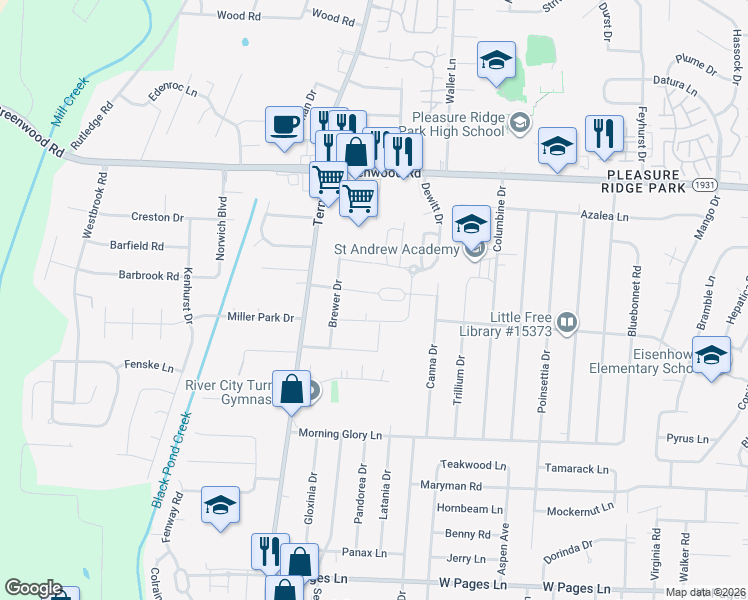 map of restaurants, bars, coffee shops, grocery stores, and more near 6110 Goalby Drive in Louisville