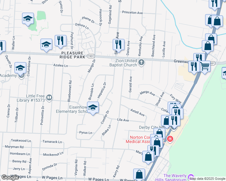 map of restaurants, bars, coffee shops, grocery stores, and more near 7721 Alyssum Drive in Louisville