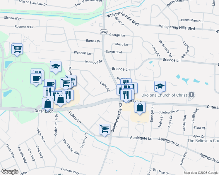 map of restaurants, bars, coffee shops, grocery stores, and more near 5419 Layne Road in Louisville