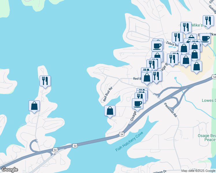 map of restaurants, bars, coffee shops, grocery stores, and more near 1119 Glenwood Drive in Osage Beach