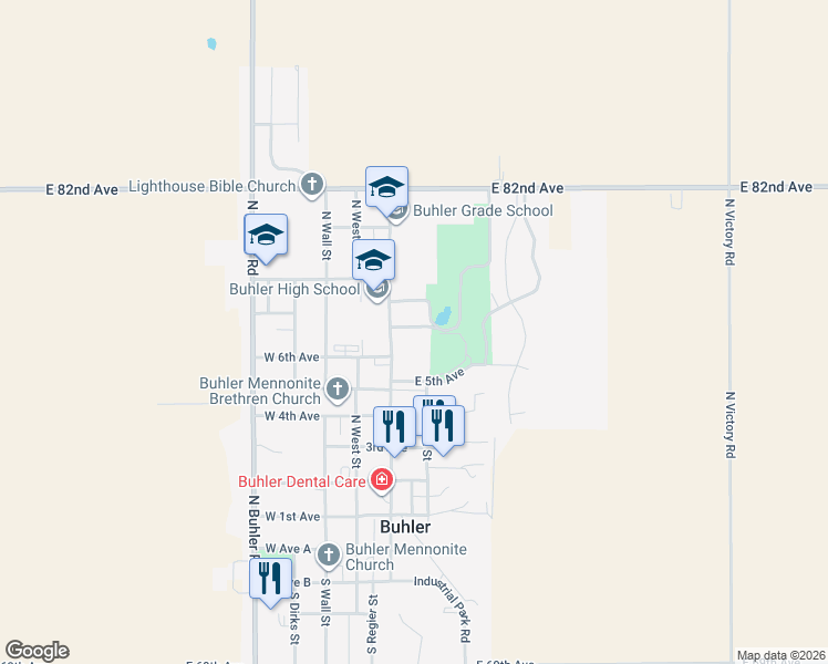 map of restaurants, bars, coffee shops, grocery stores, and more near 111 Curtis St in Buhler
