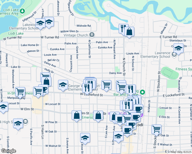 map of restaurants, bars, coffee shops, grocery stores, and more near 421 Olive Court in Lodi