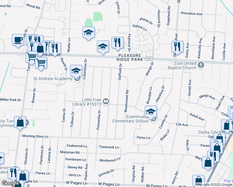 map of restaurants, bars, coffee shops, grocery stores, and more near 7800 Daffodil Drive in Louisville