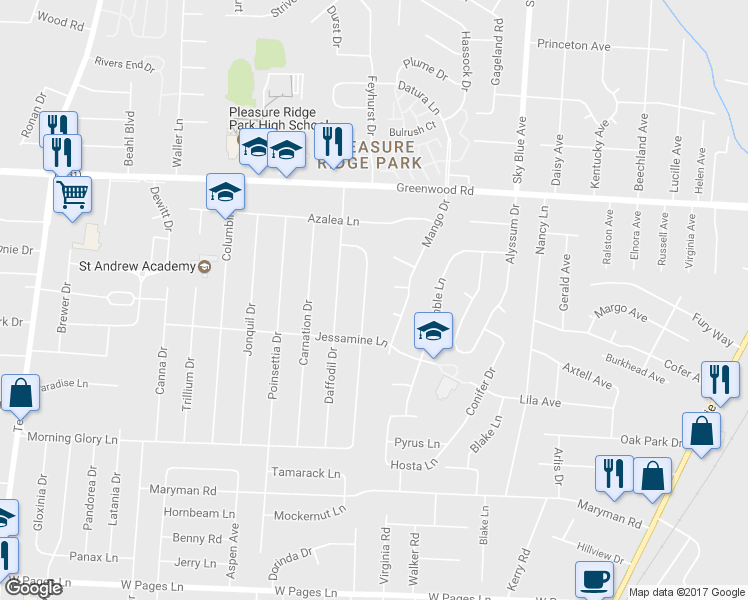 map of restaurants, bars, coffee shops, grocery stores, and more near 7725 Bluebonnet Road in Louisville