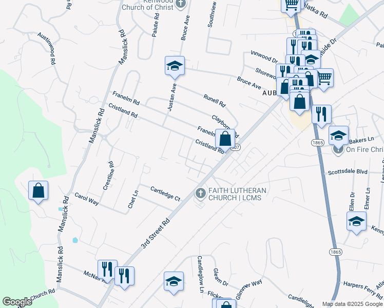 map of restaurants, bars, coffee shops, grocery stores, and more near 1105 Royal Gardens Court in Louisville